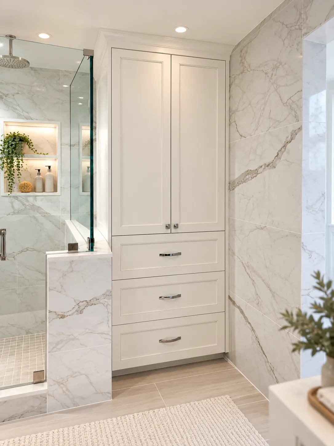 Bathroom linen tower with drawers beside a glass shower