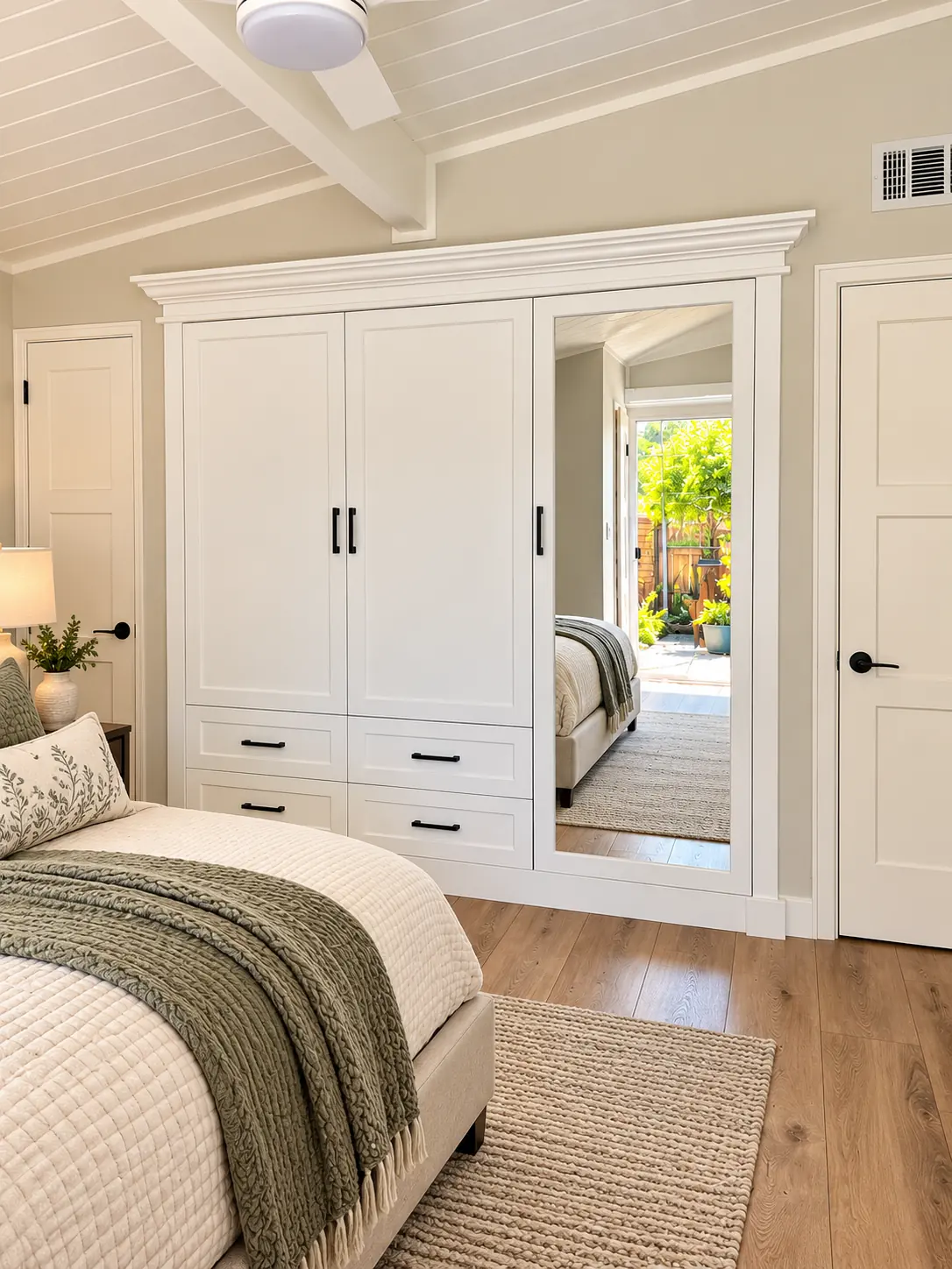 White built in bedroom wardrobe with a mirror door and drawers