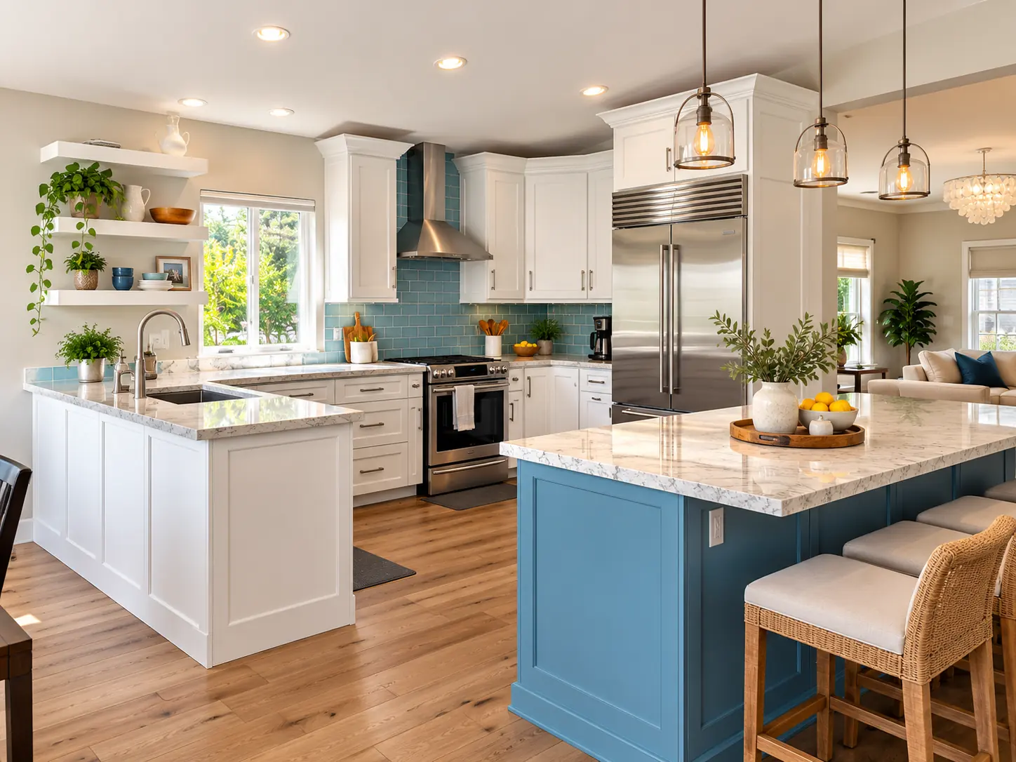 White custom kitchen with a blue island, pendant lights and open shelves