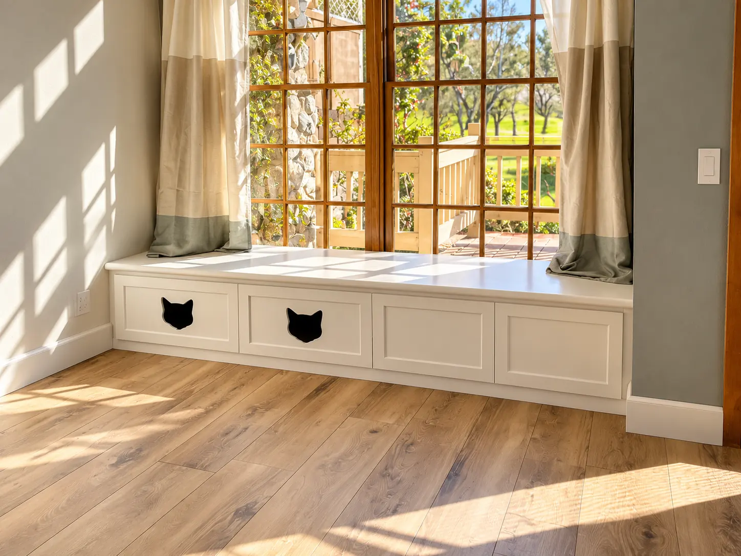 White window seat with built in storage and two cat door cutouts under a garden window