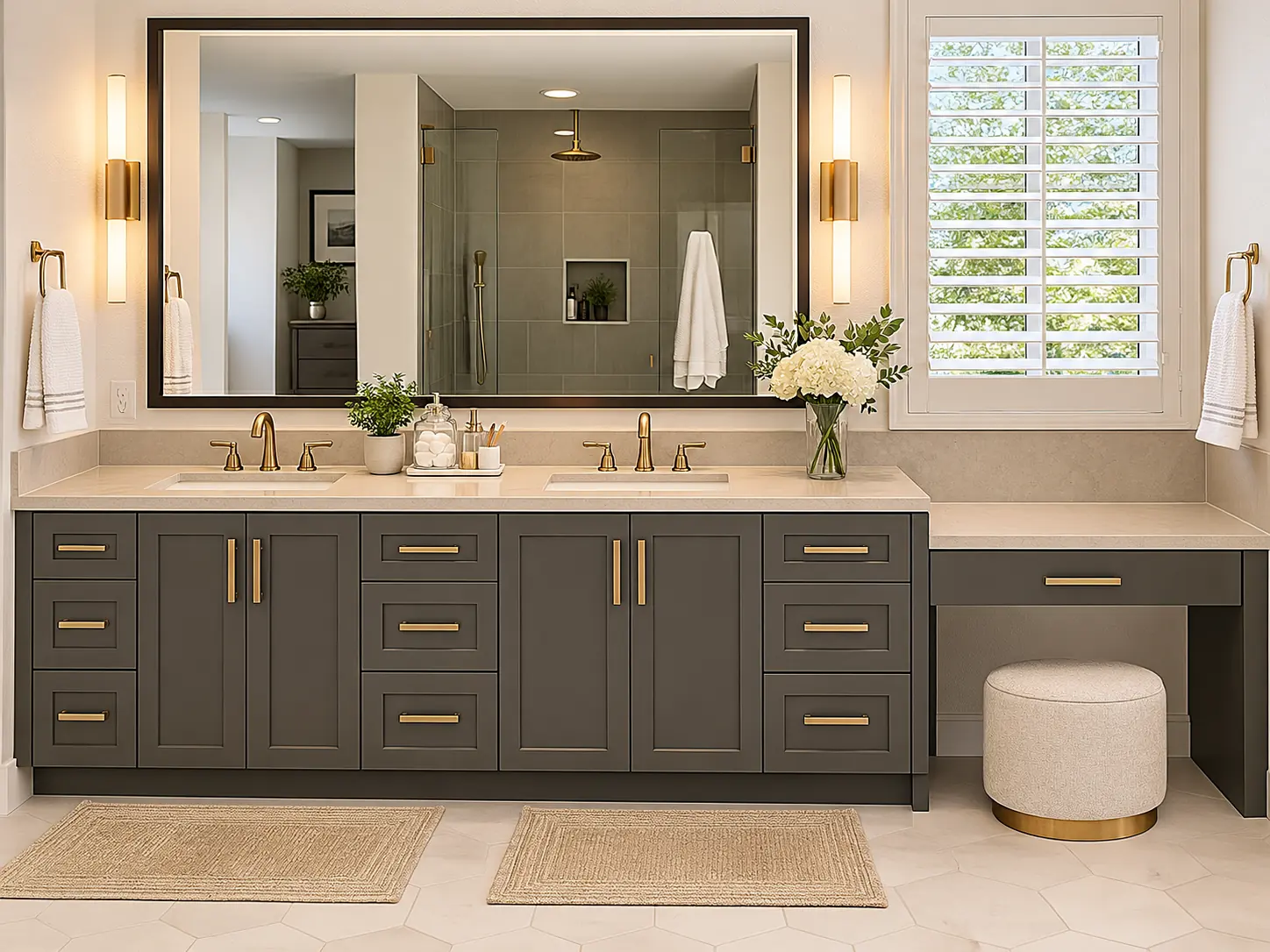 Charcoal double vanity with brass pulls and a makeup station