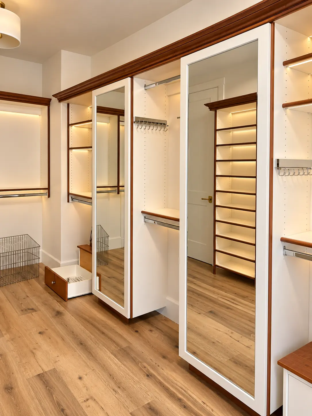 Walk in closet with a full length mirror door, shoe shelves and hanging rods