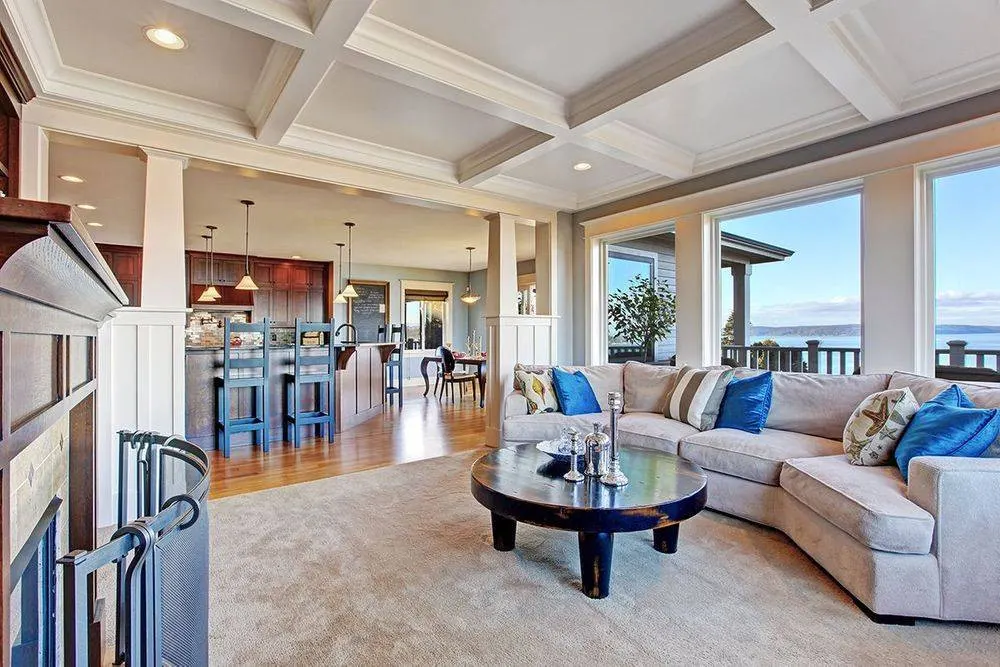 White coffered ceiling over a bright living room
