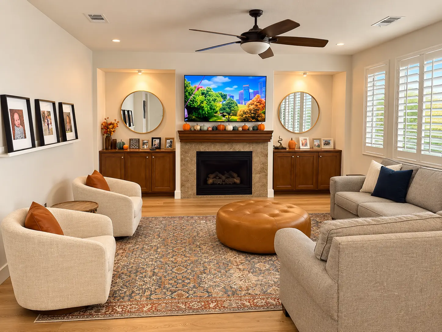 Living room with stained wood cabinets on both sides of a stone fireplace