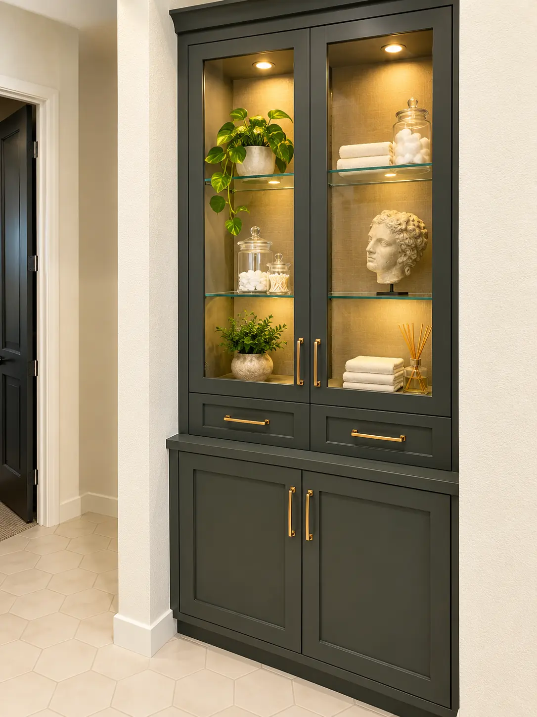 Dark green china cabinet with lit glass doors and brass hardware