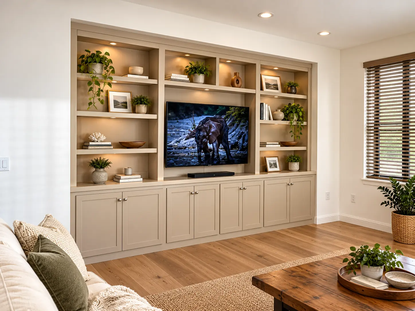 Greige built in media wall with lit open shelves around the TV