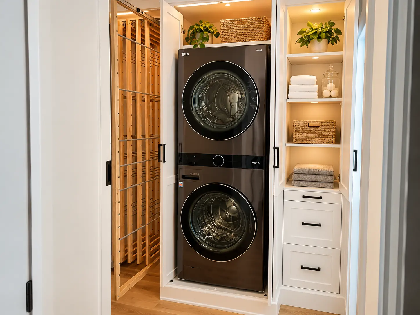 Stacked washer and dryer built into a white laundry tower with shelves, drawers and an oak slat panel