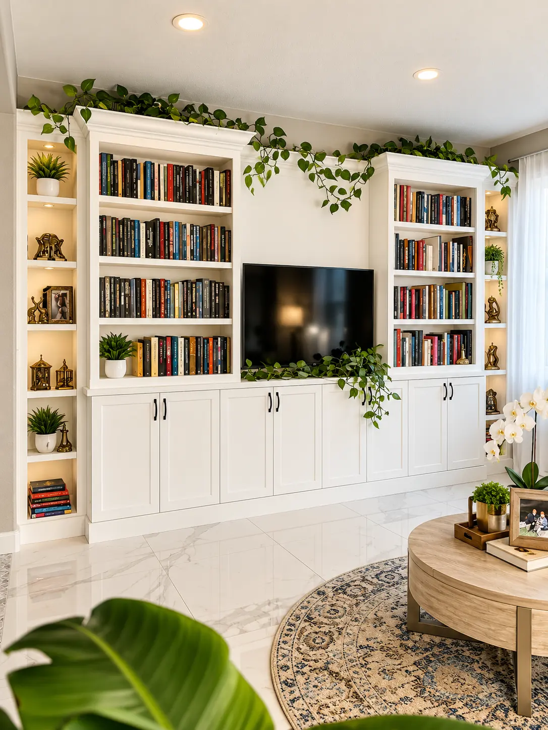White built in library wall full of books and plants around a TV