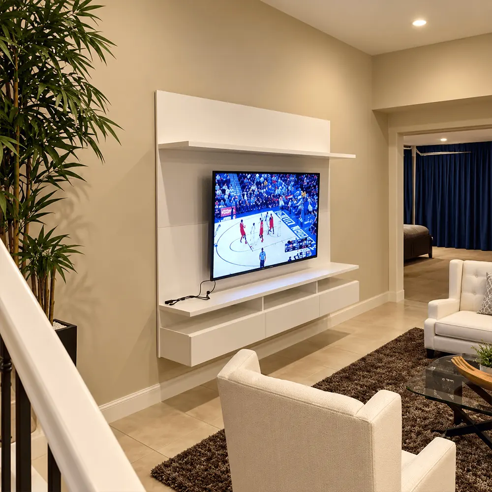 Modern white floating TV wall unit with open shelves