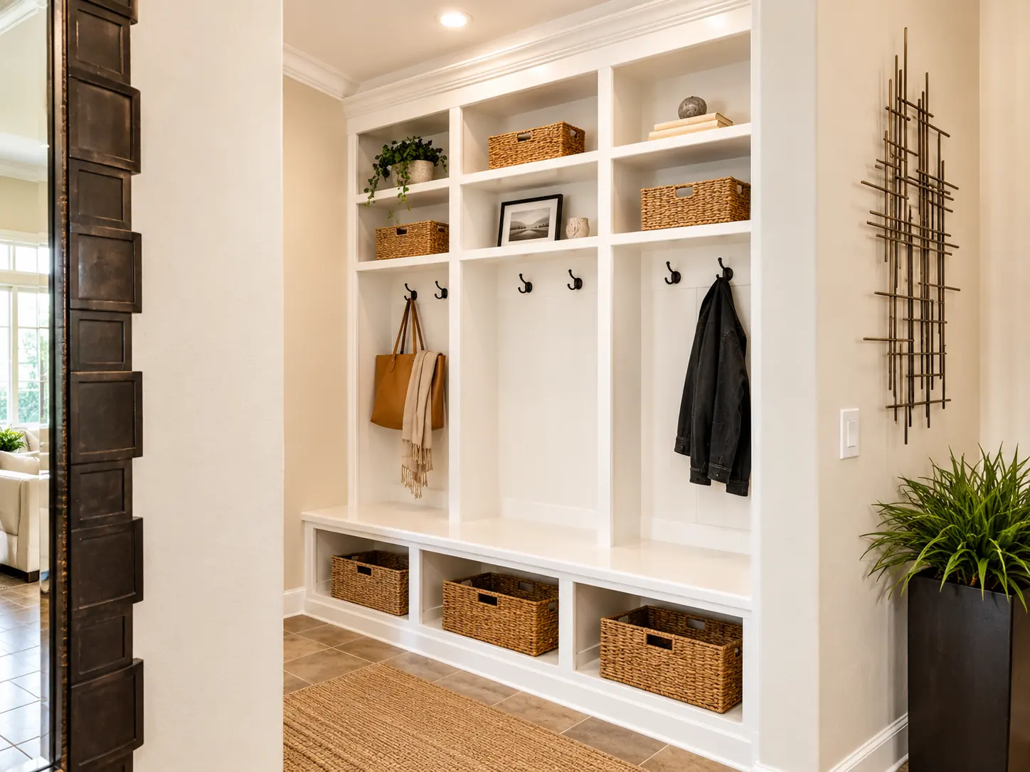 White mudroom cubbies with hooks, a bench and woven baskets