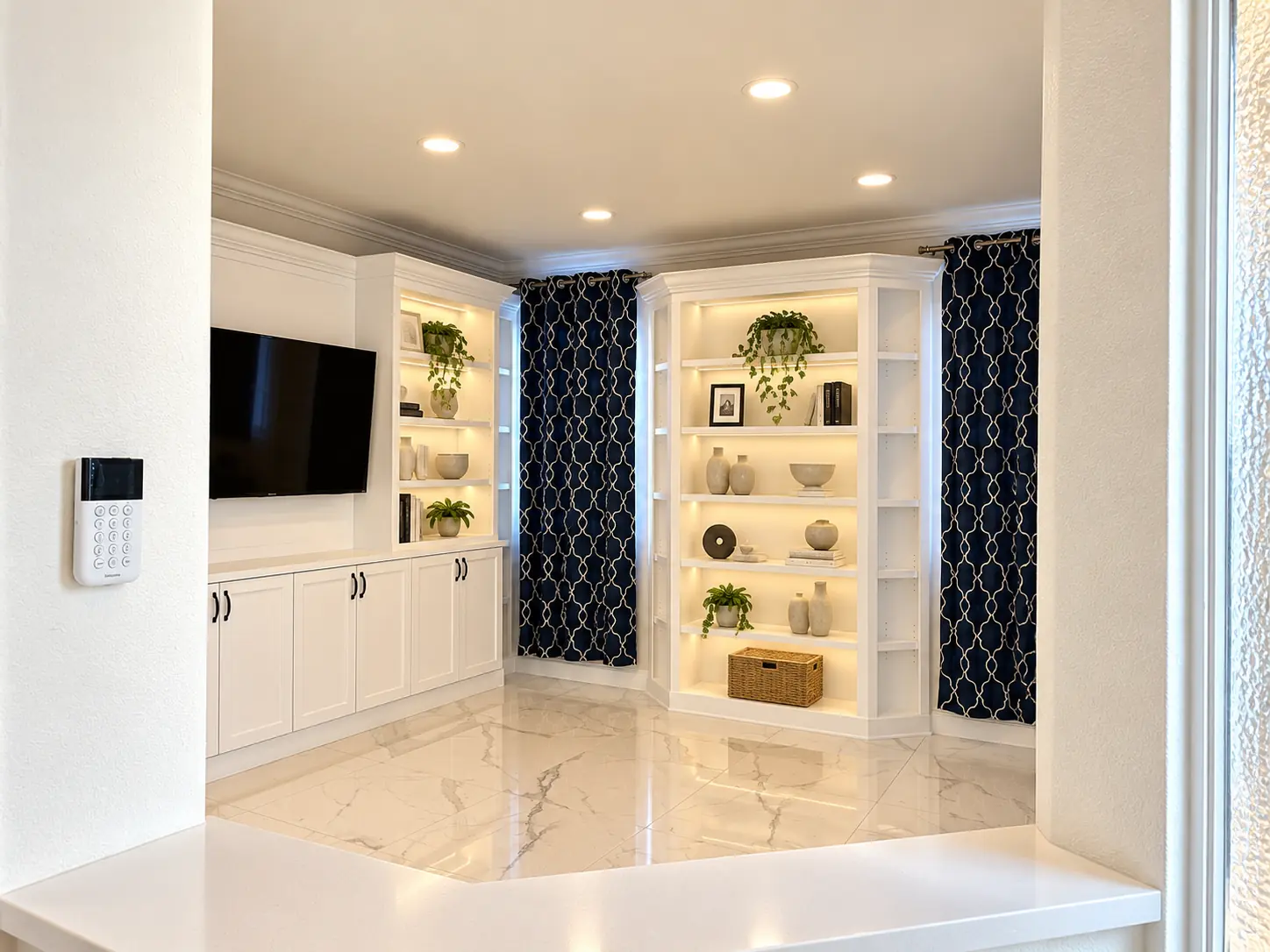 White built in media wall with lit shelves and navy patterned backing