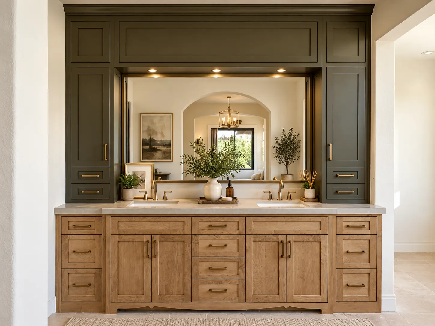 Natural oak double vanity with dark green upper cabinets around the mirror