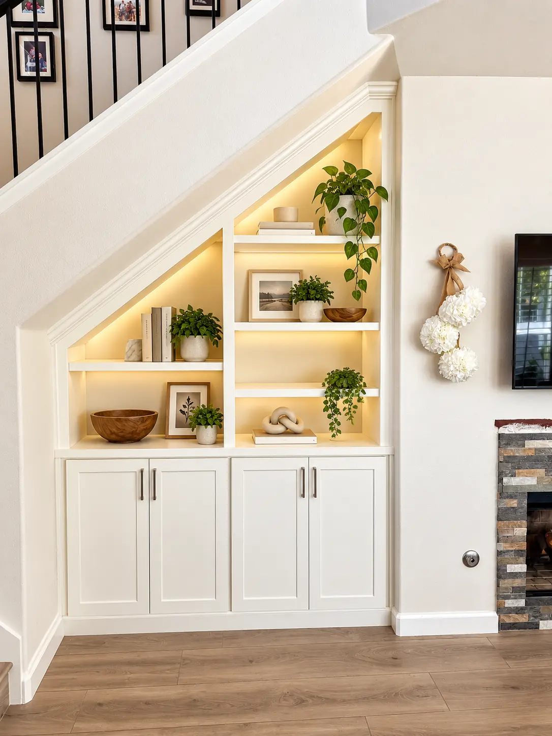 Lit shelves and cabinets built into the space under a staircase