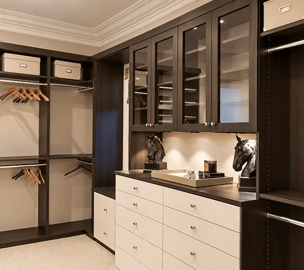Dark wood walk in closet with glass front cabinets, drawers and hanging space
