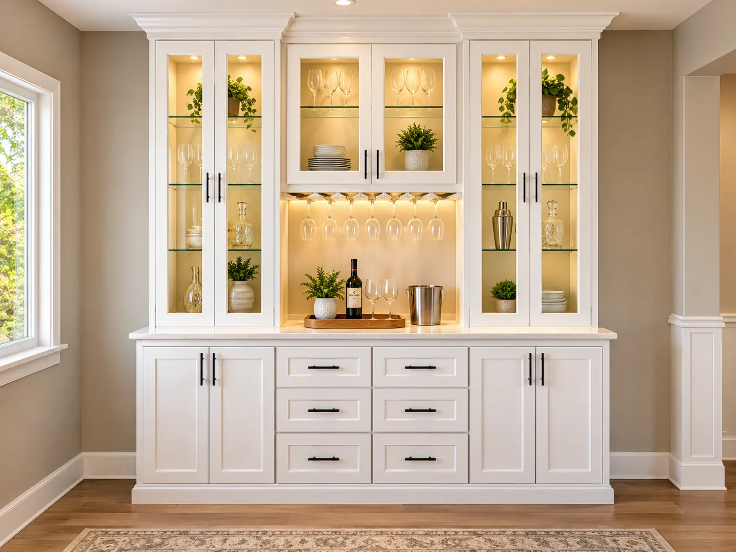 White bar hutch with lit glass uppers, a wine glass rack and drawers below