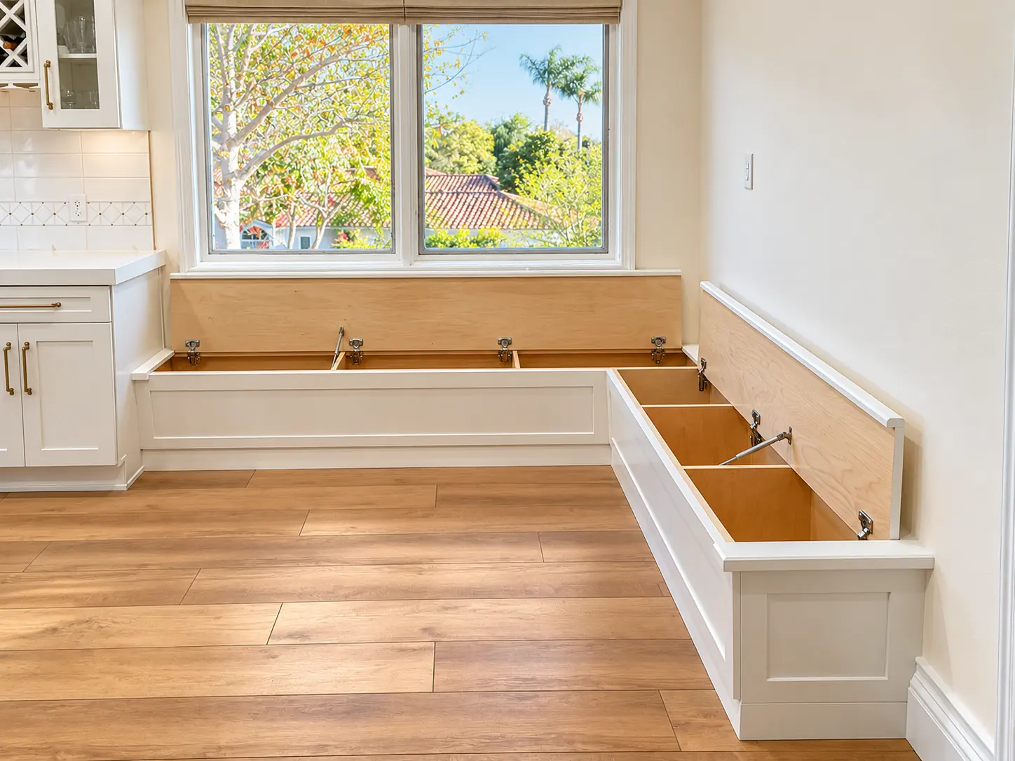 Corner window bench with its lift top storage seats open