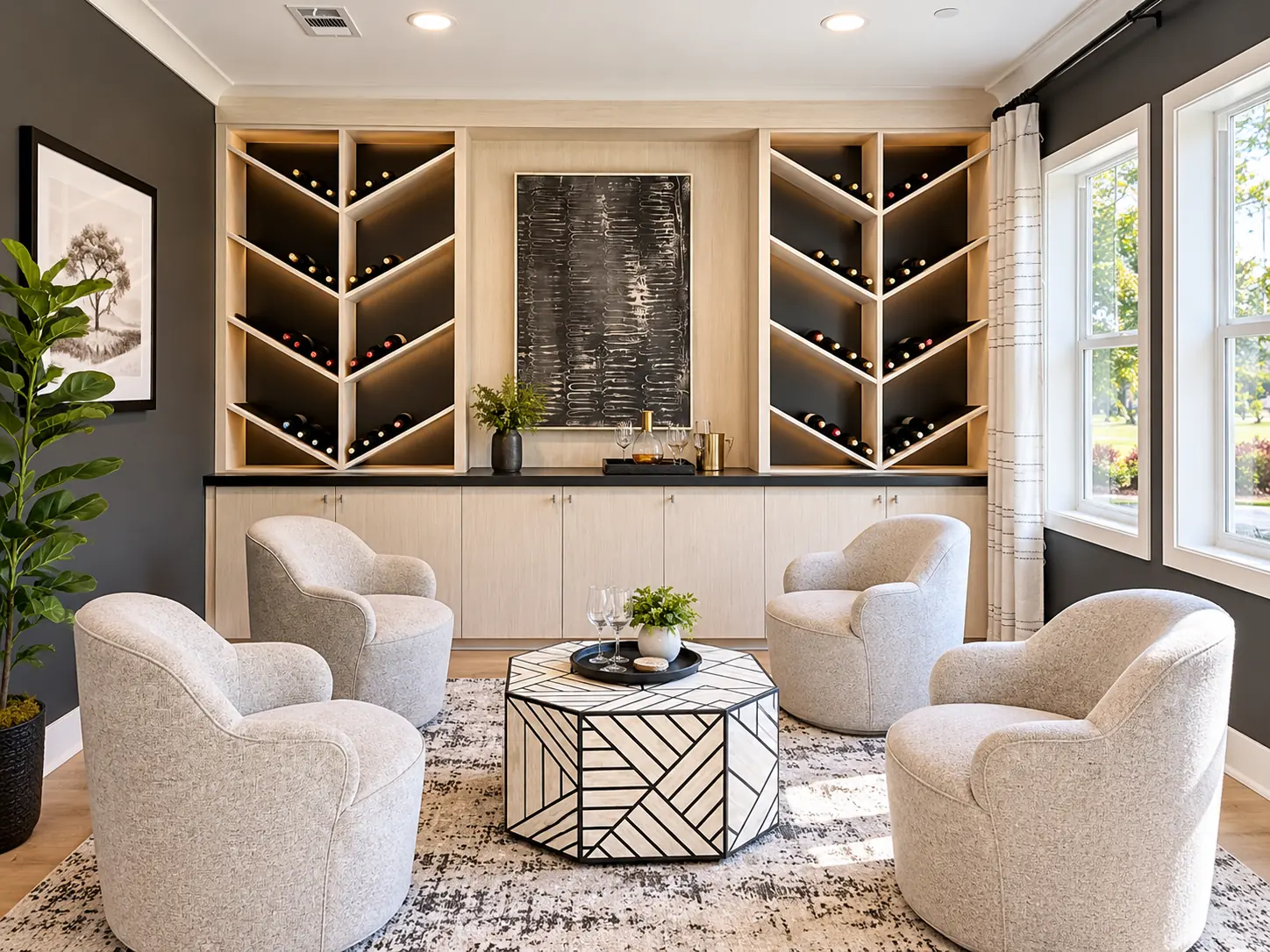 Lounge with two chevron wine racks on either side of a built in console