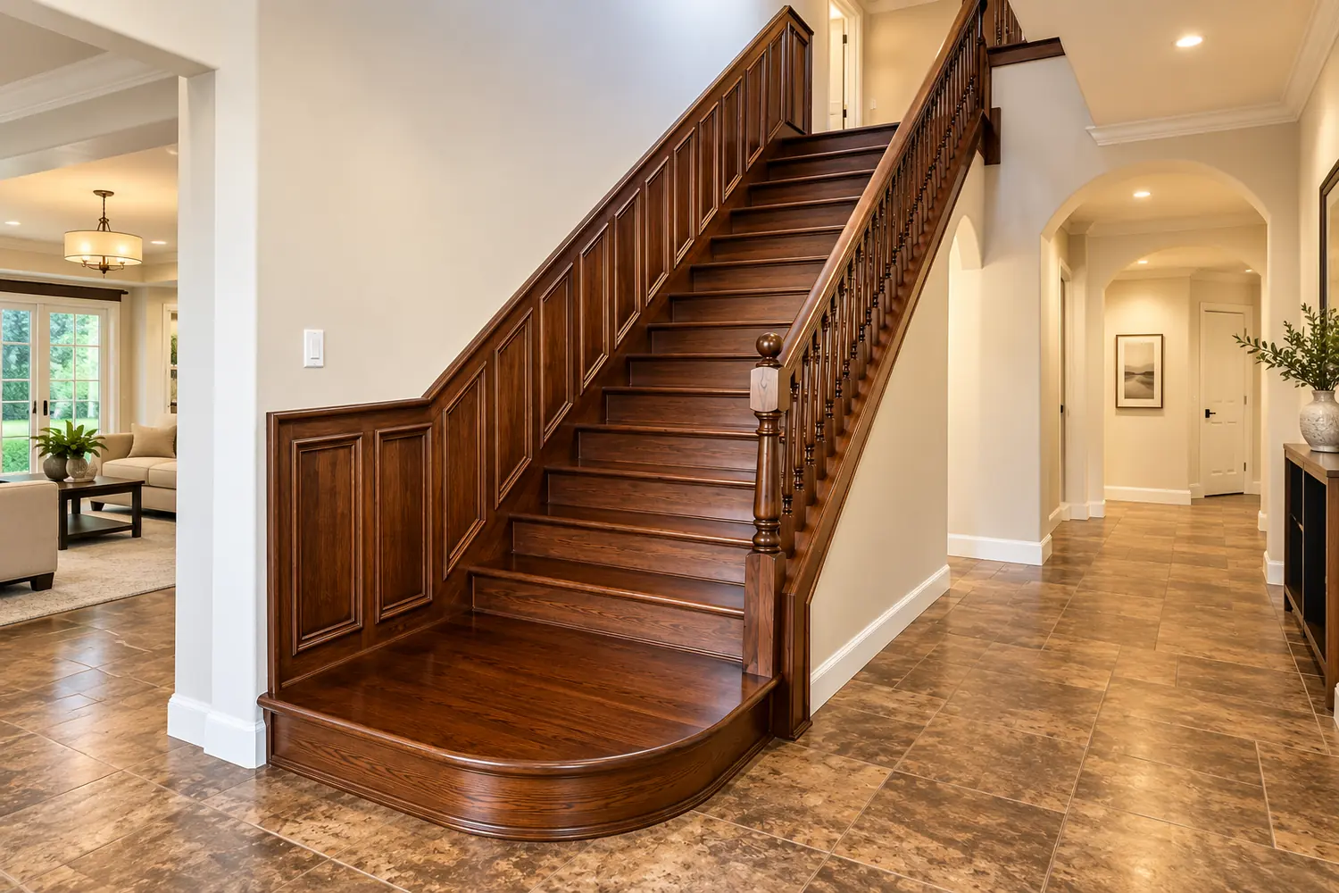 Stained wood staircase with paneled wainscoting